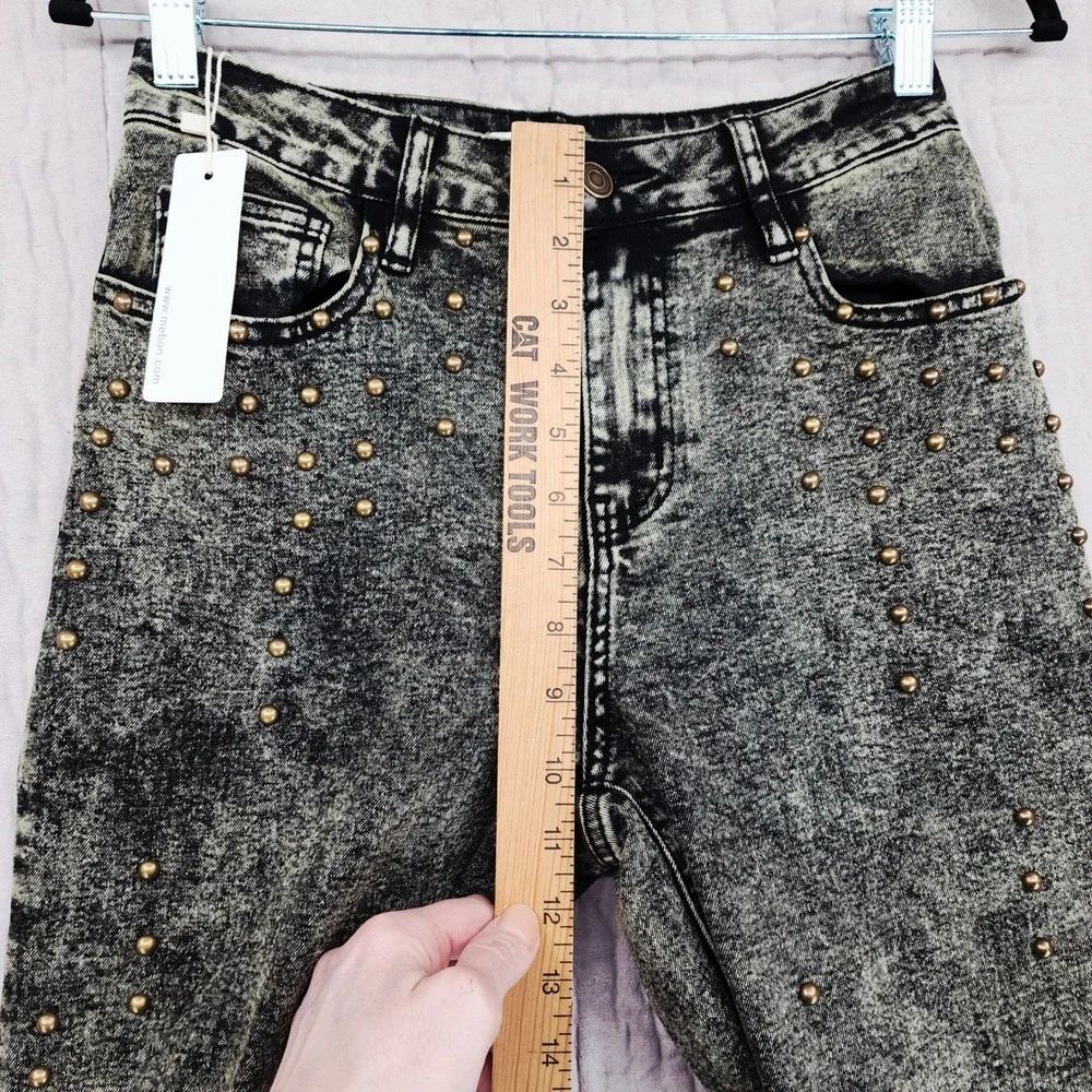 Mebon by Machine Studded Jeans 3 Jr Women Black Acid Wash Wide Leg High Rise NEW